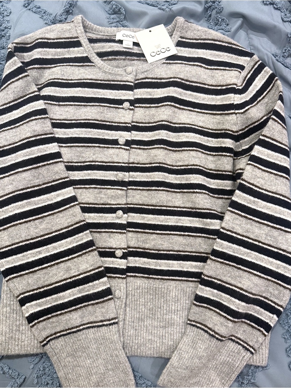 CeCe Light Gray and Black Striped Button-Up Cardigan